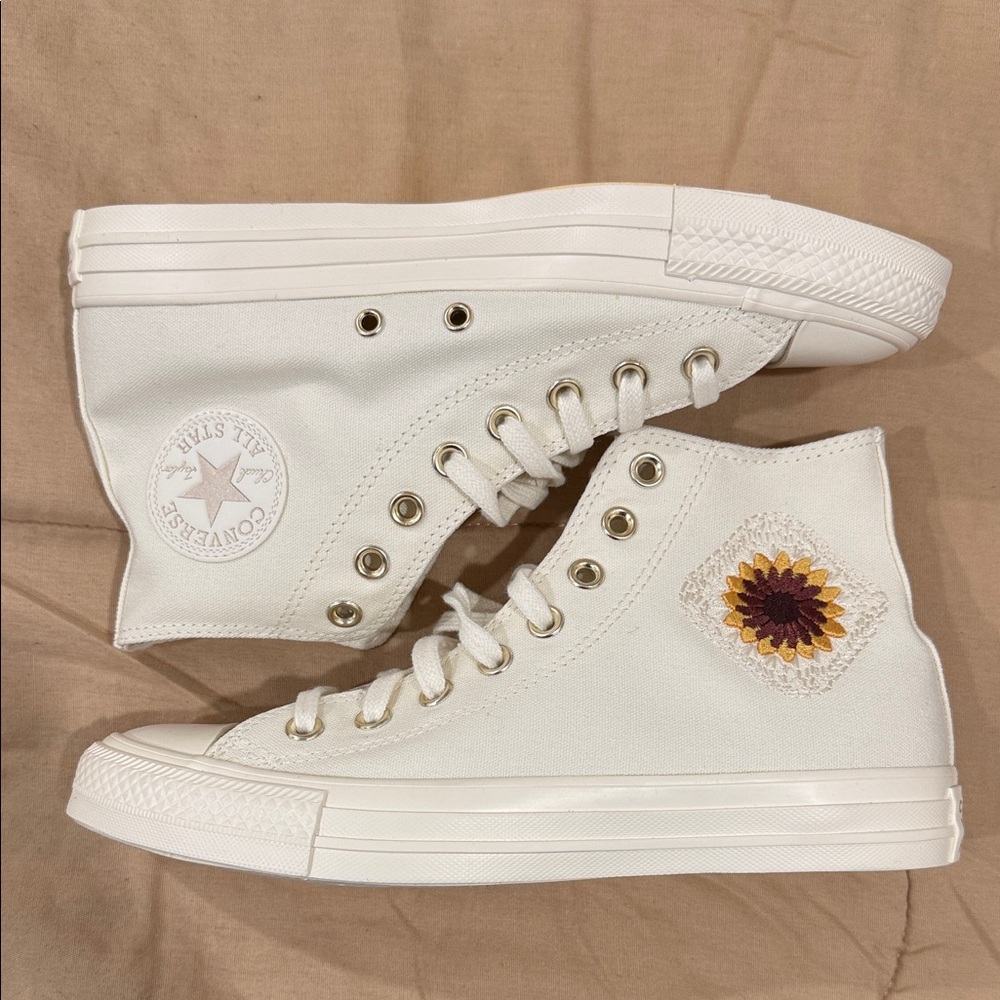 Converse Women's Cream High-Top Sneakers with Floral Embroidery